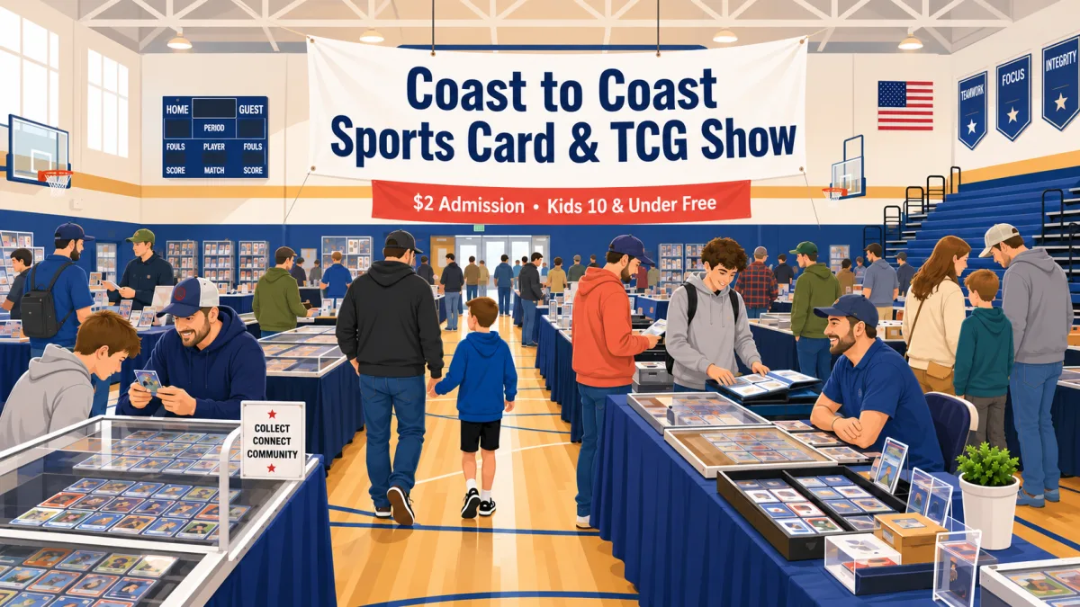 Collectors and families browse card tables inside a bright school gym beneath a Coast to Coast Sports Card & TCG Show banner.