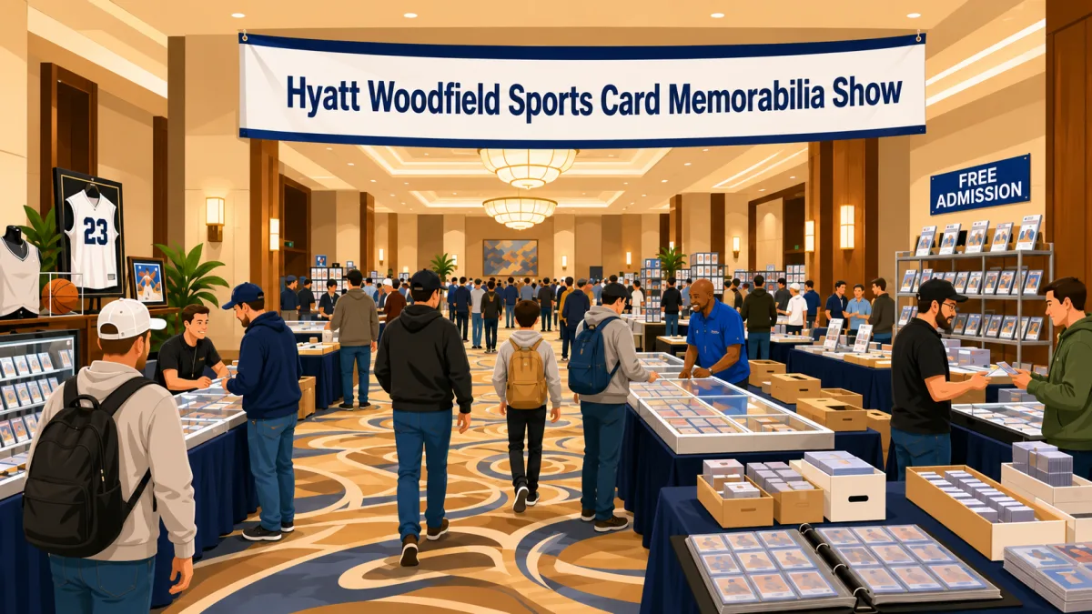 Illustration of collectors browsing sports cards, memorabilia, wax, and supplies in a hotel ballroom beneath a Hyatt Woodfield Sports Card Memorabilia Show banner with a free admission callout.