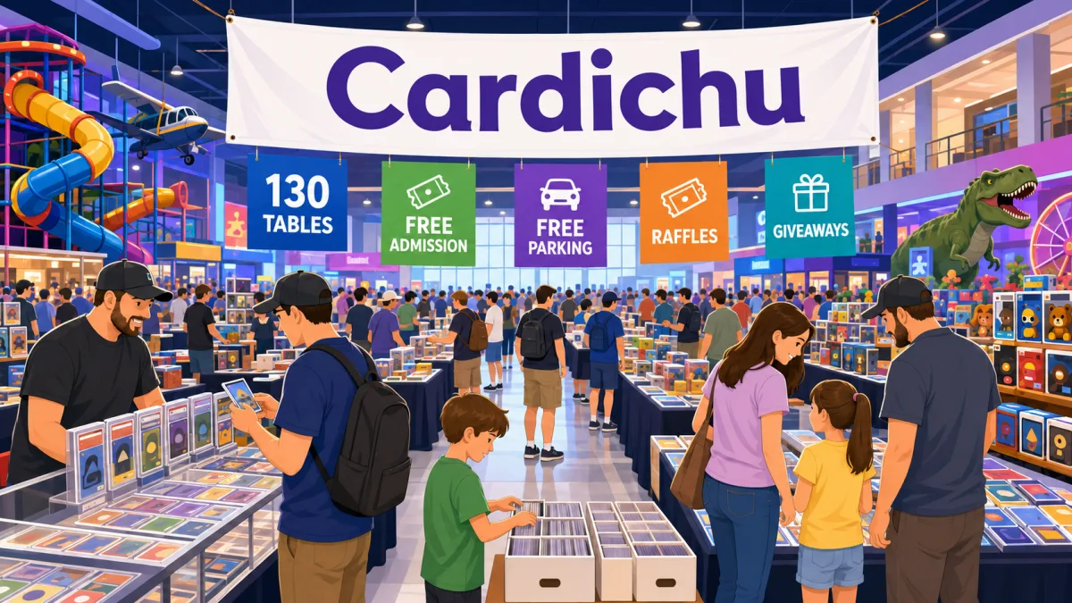 Cardichu trading card show packed with vendor tables, graded card slabs, bargain box bins, and Funko Pop displays as families browse the busy floor.