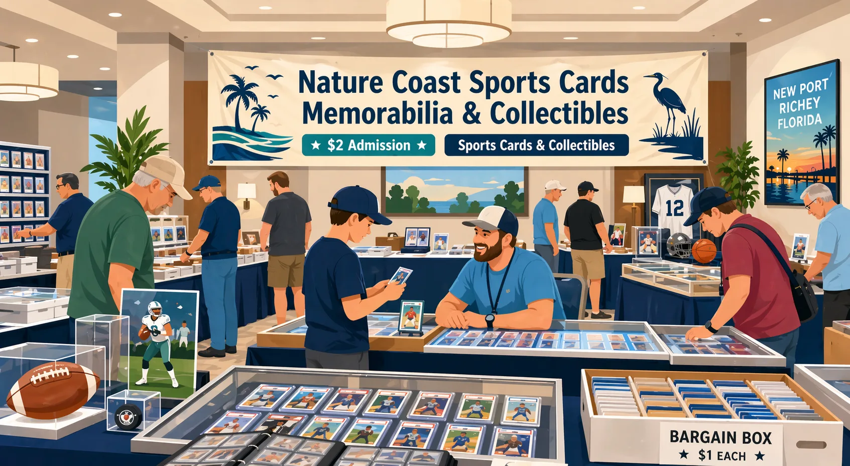 Collectors browsing graded sports cards and memorabilia at the May 2026 Nature Coast Sports Cards, Memorabilia & Collectibles show in New Port Richey, Florida.