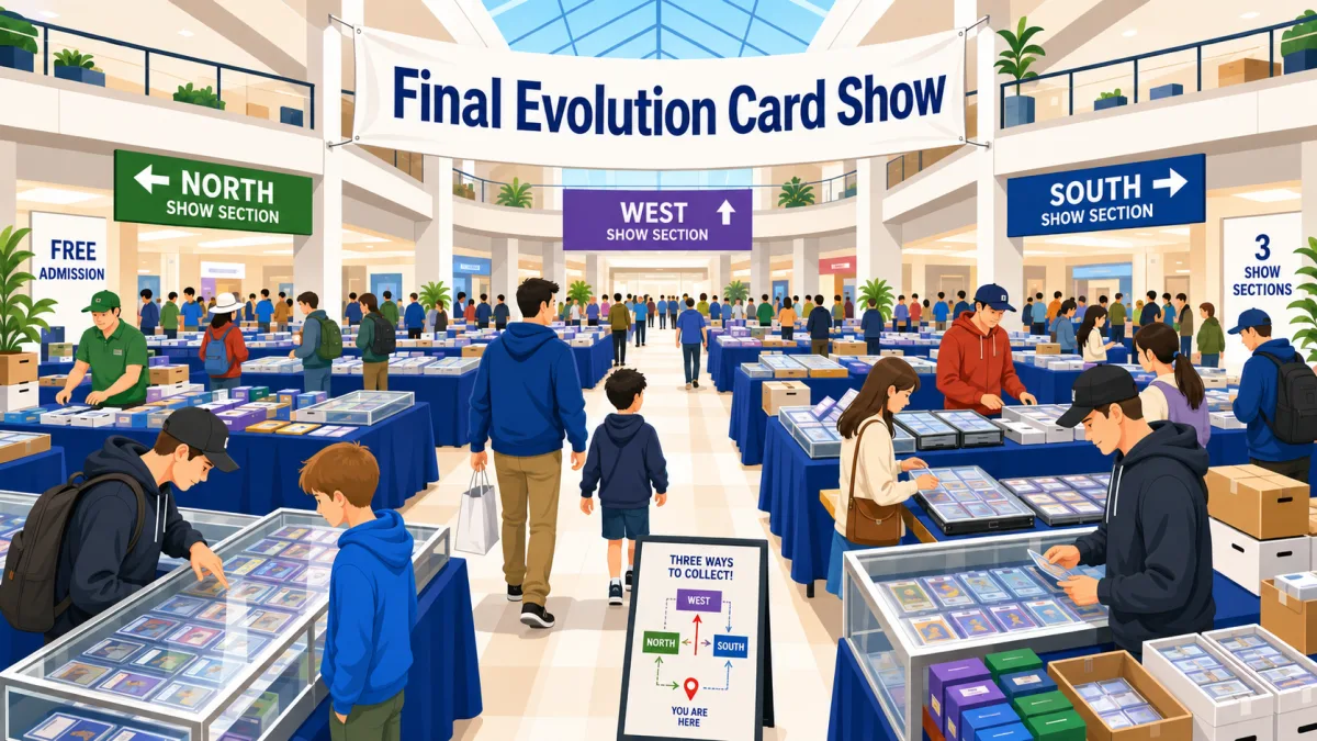 Illustration of collectors browsing three card show sections inside Deerbrook Mall beneath a Final Evolution Card Show banner with free-admission signage.