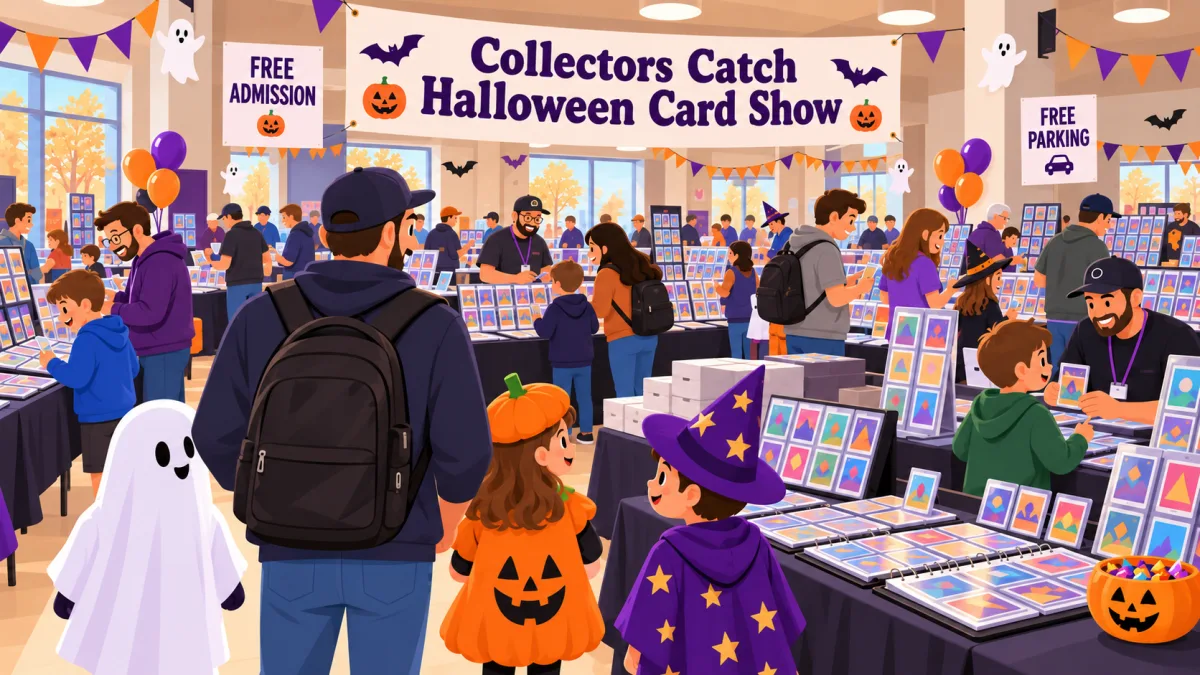 Families and costumed visitors browse trading card tables beneath a Collectors Catch Halloween Card Show banner. Orange and purple decorations, a candy bowl, and free admission and parking signs frame the community-room scene.