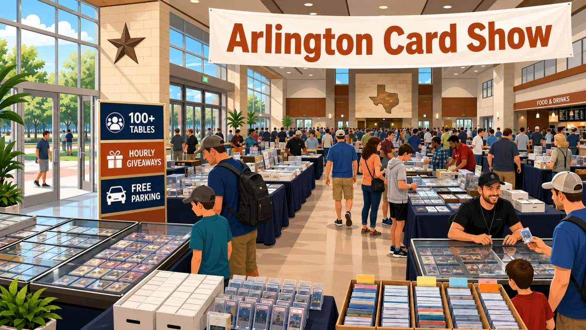 Collectors and families browse card tables inside a bright civic event hall beneath an Arlington Card Show banner with 100-plus-tables, hourly-giveaways, and free-parking callouts.