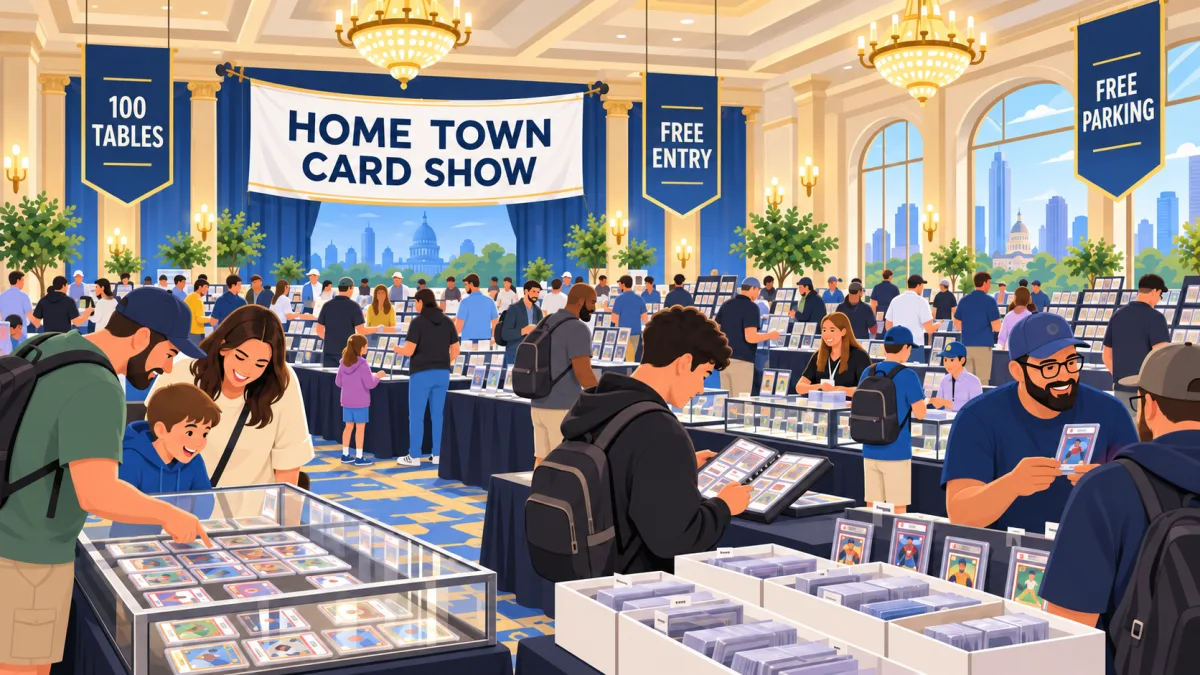Editorial illustration of collectors browsing card tables inside Onion Creek Ballroom beneath a Home Town Card Show banner with 100 tables, free entry, and free parking callouts.