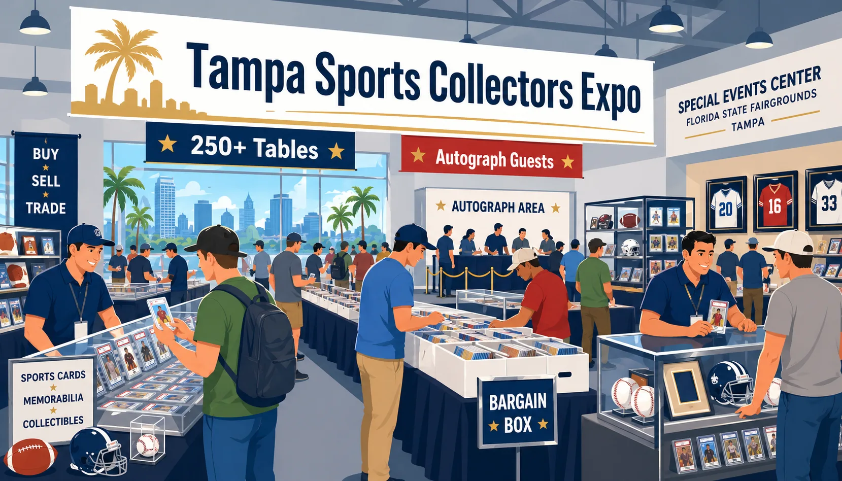 Tampa Sports Collectors Expo card show at the Florida State Fairgrounds Special Events Center, with 250+ vendor tables, autograph guests, and sports memorabilia displays.