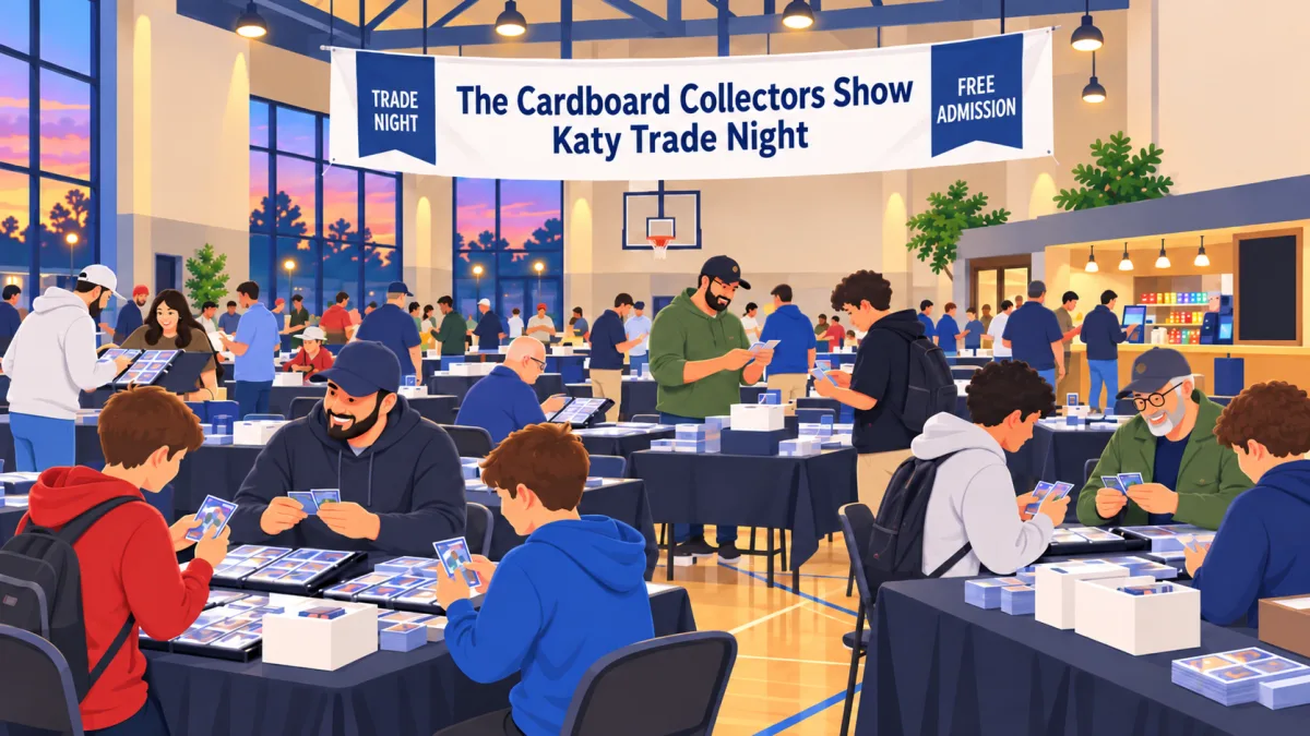 Collectors browse binders and trade cards beneath a banner for The Cardboard Collectors Show Katy Trade Night inside a Katy sports center.