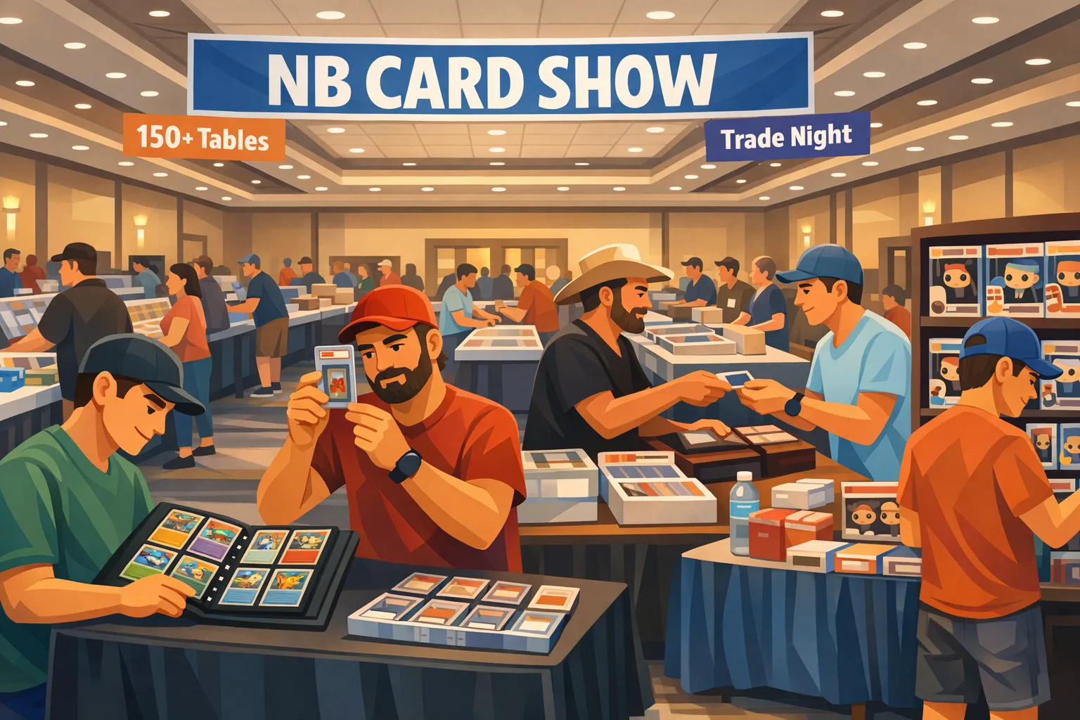 Vector illustration of the NB Card Show in San Marcos, Texas on March 28-29, 2026 with Pokémon cards, sports cards, pop figures, and collectors browsing vendor tables.