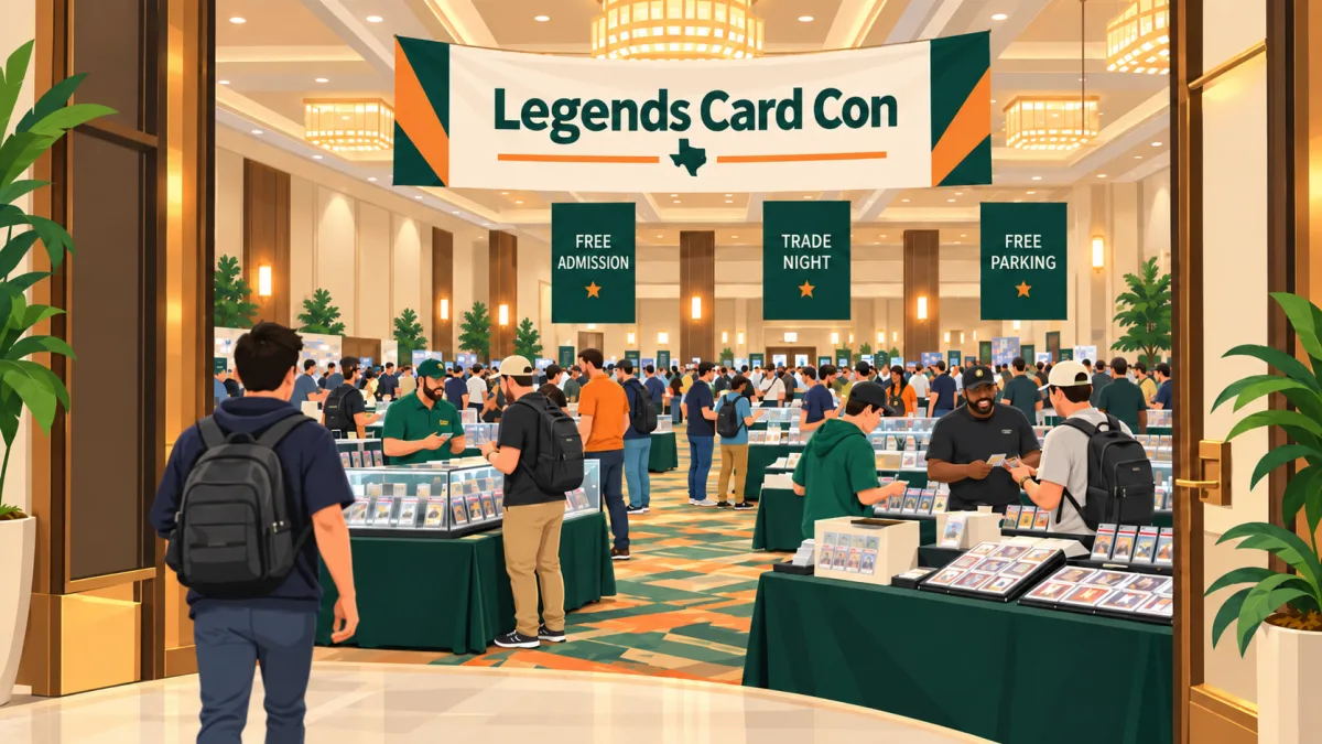 Illustrated hotel ballroom card show with collectors browsing tables beneath a Legends Card Con banner and callouts for free admission, free parking, and trade night.