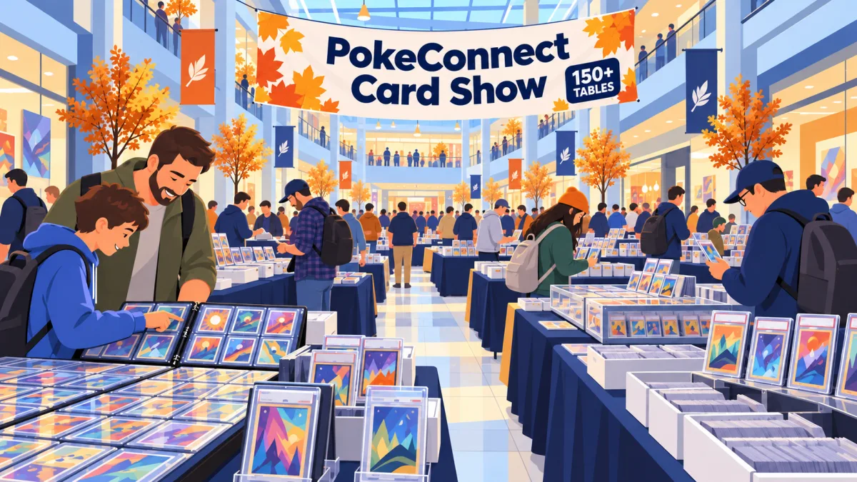Collectors browse trading-card tables, binders, and display cases in a bright shopping-mall concourse beneath a PokeConnect Card Show banner. A parent and teen explore the tables together.