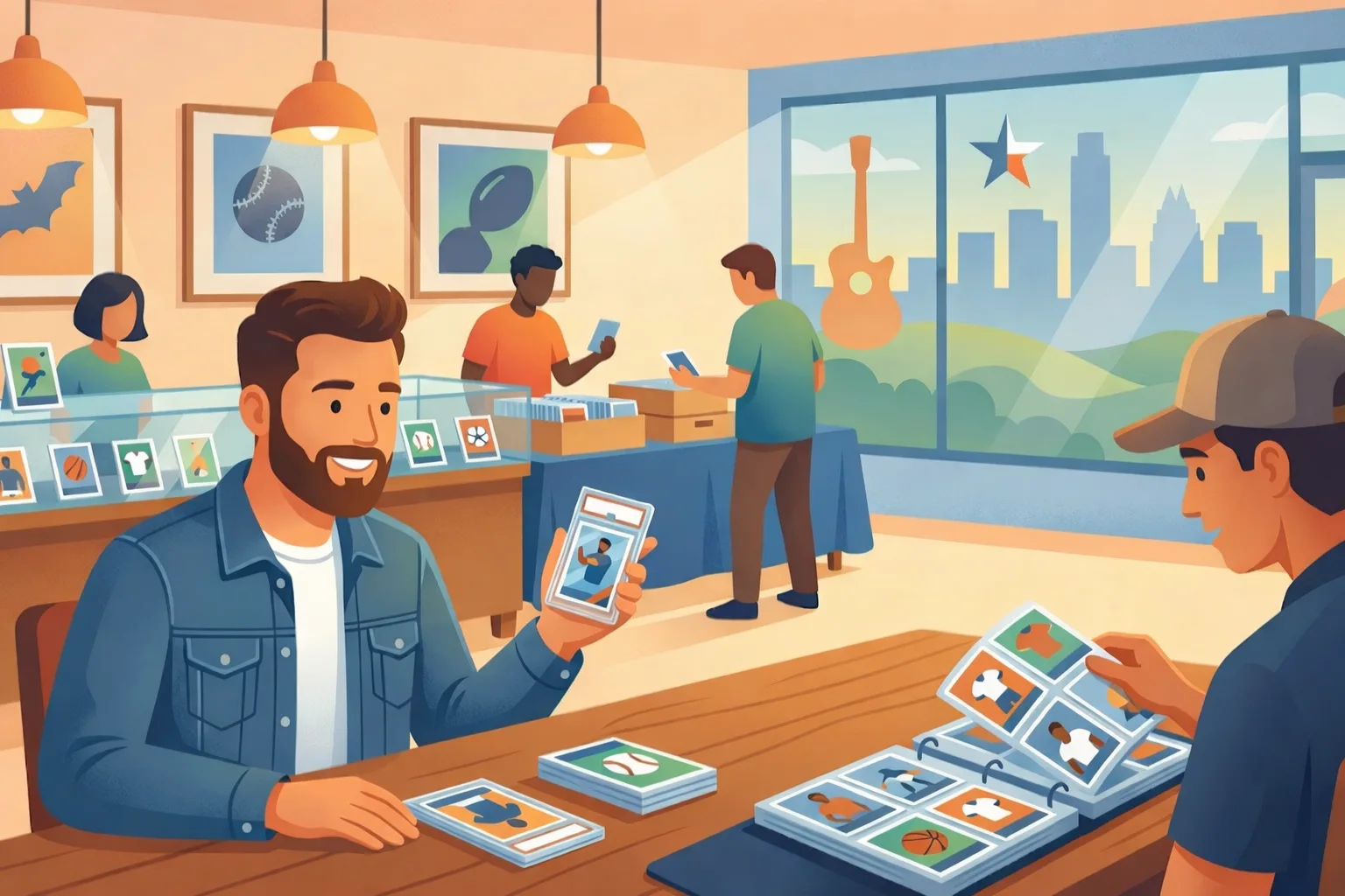 Illustrated scene of a trading card shop where two collectors sit at a table looking through cards and a binder, with display cases, other shoppers, and a large window showing an Austin-style skyline in the background.