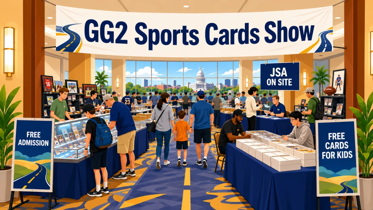Illustrated hotel convention room for the GG2 Sports Cards Show with collectors browsing card tables, an authentication area, and signs for free admission and free cards for kids.