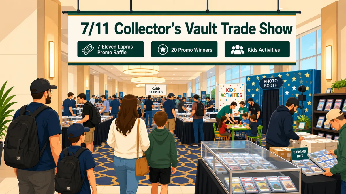 7/11 Collector's Vault Trade Show at The Westin Chicago North Shore in Wheeling, IL, featuring graded card cases, a bargain box, and kids activities.