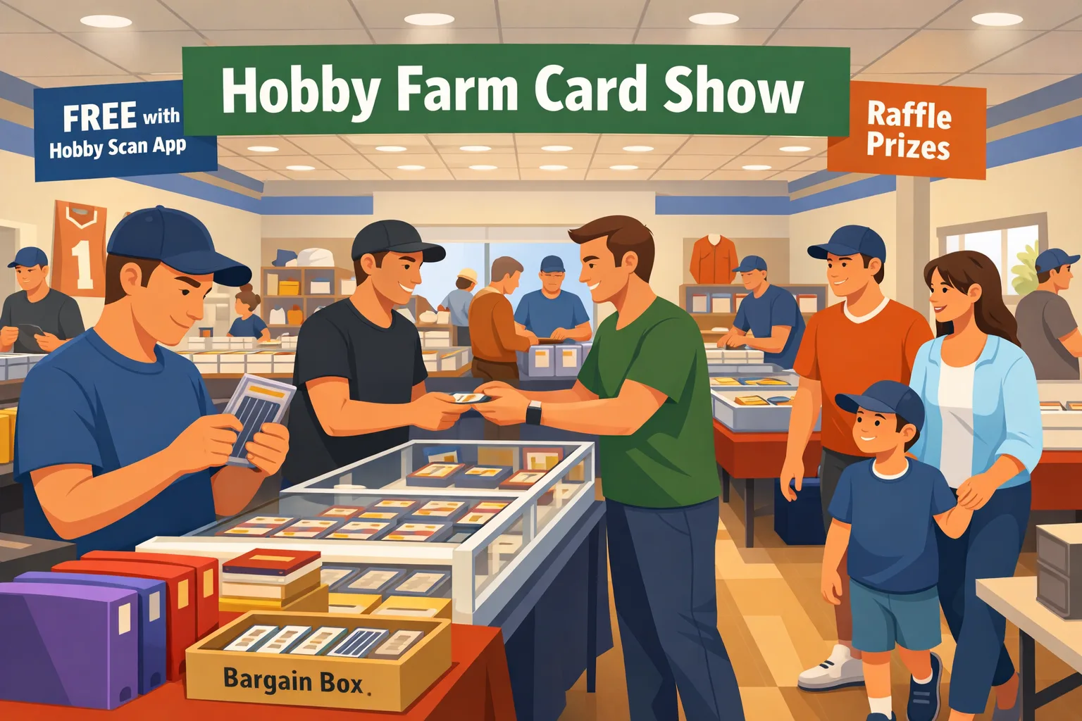 Illustration of the Hobby Farm Card Show in Lake Bluff, Illinois, inside a modern training-facility event space with vendor tables, display cases, sports cards, Pokémon binders, slabs, memorabilia, and families browsing.