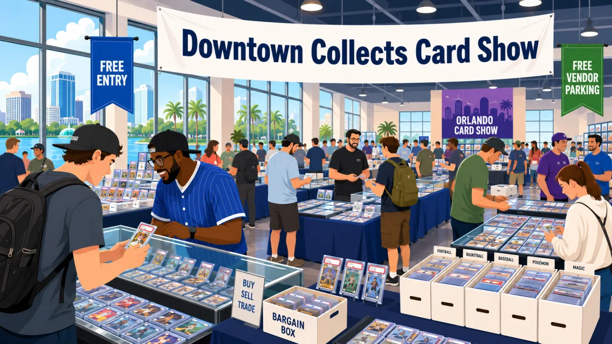 Downtown Collects Card Show fills a bright Orlando hall as collectors browse graded slabs in glass cases and bins of football, basketball and Pokemon cards
