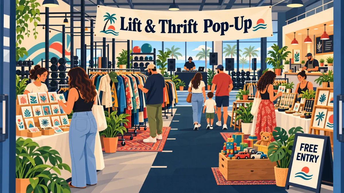 Shoppers browse trading cards, vintage clothing, toys, and handmade goods inside an athletic training facility beneath a Lift & Thrift Pop-Up banner. A DJ station and food counter sit behind the market displays.