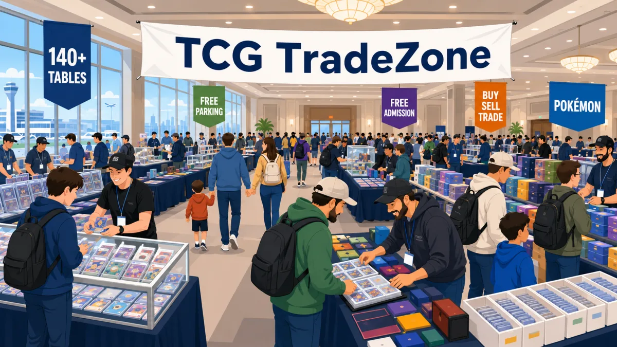 TCG TradeZone card show in a busy hotel ballroom, with glass display cases of graded cards, stacked sealed booster boxes, and 140+ tables of collectors trading.