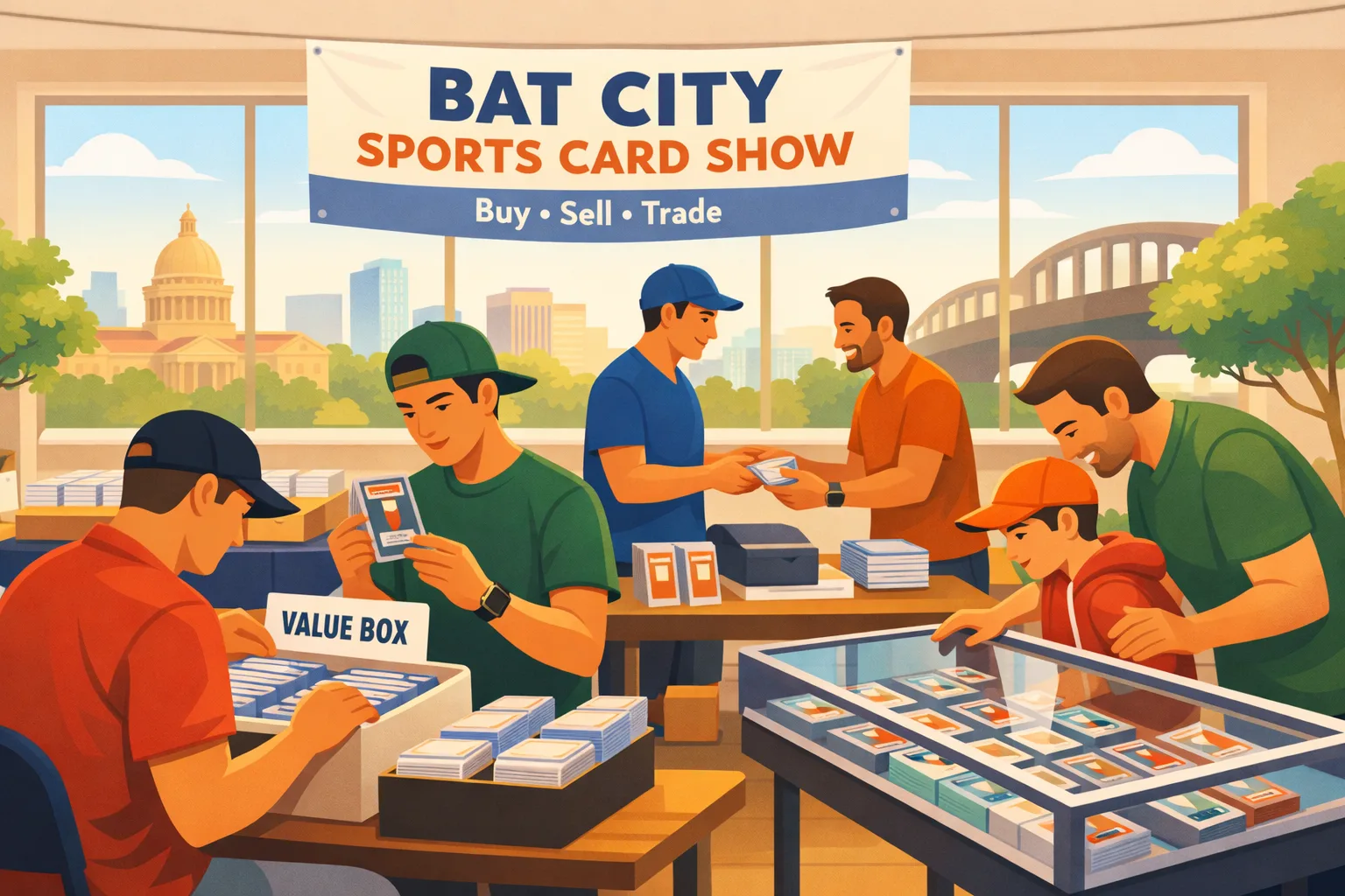 Bat City Sports Card Show in Austin on Saturday, April 11, 2026, featuring collectors buying, selling, and trading sports cards in a bright local hobby shop with value boxes, graded slabs, and display cases.