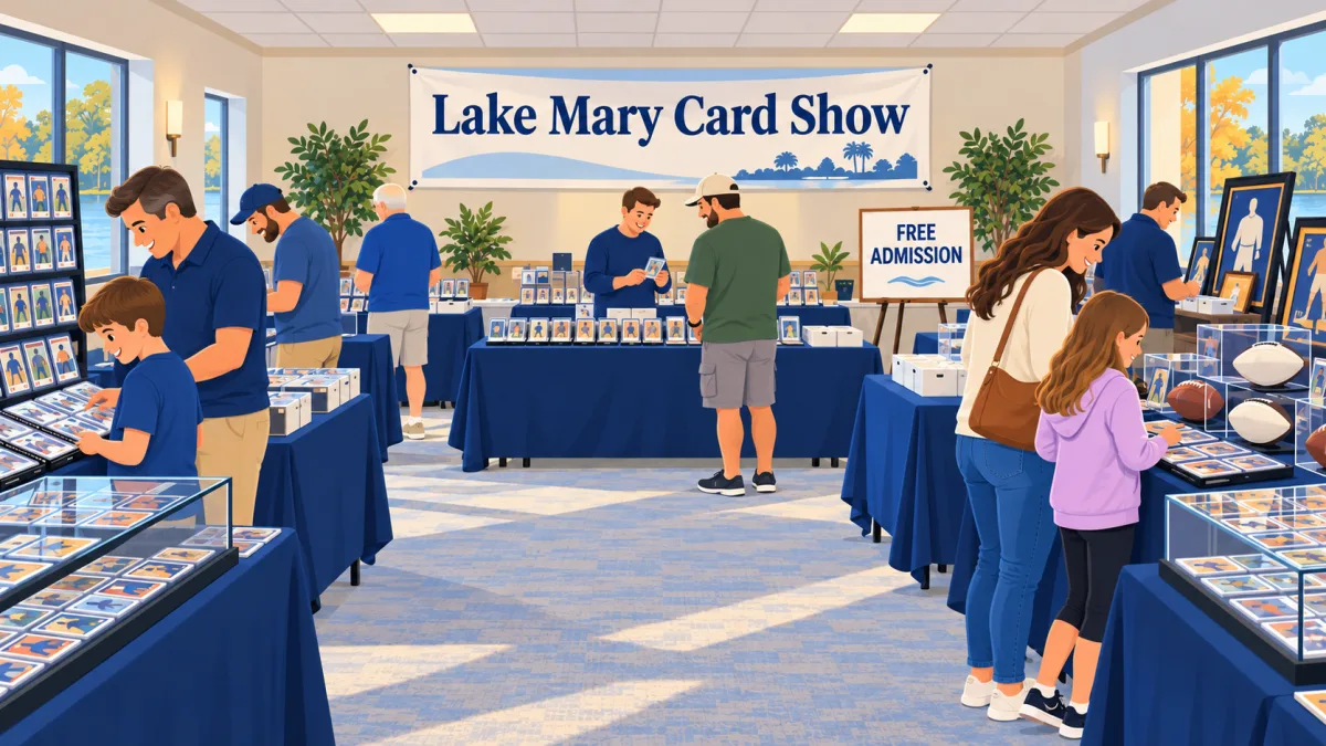 Collectors browse trading cards, signed footballs, and framed sports memorabilia in a bright community room beneath a Lake Mary Card Show banner and a free admission sign.