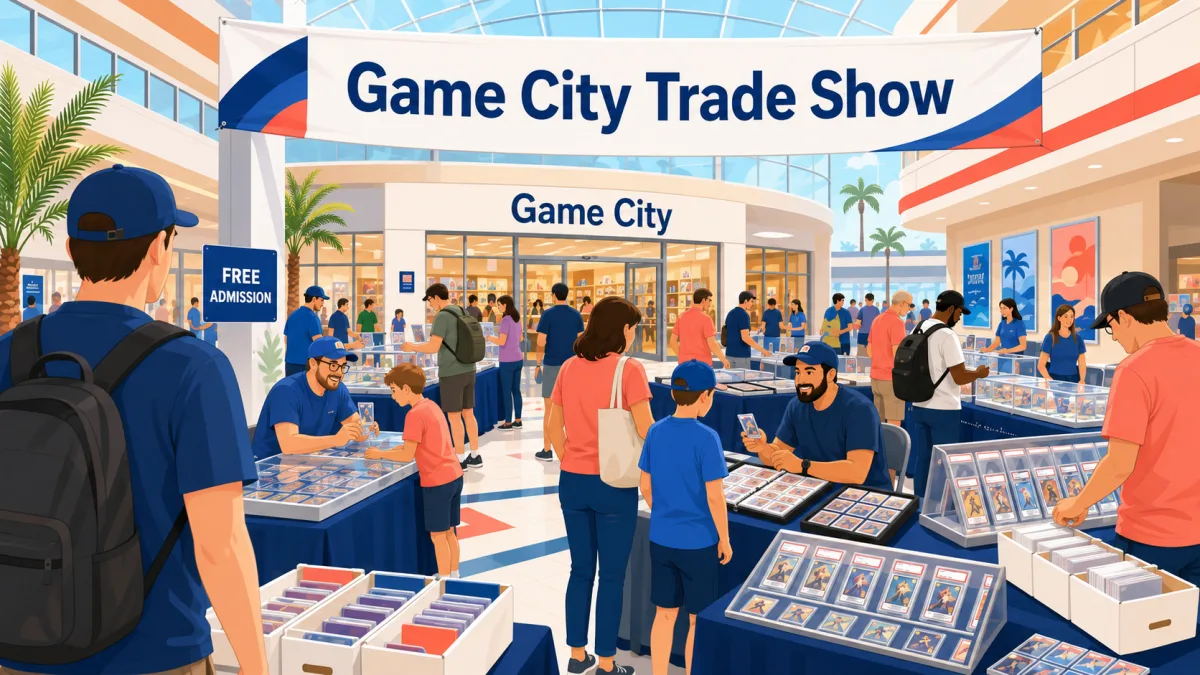 Illustration of collectors browsing trading-card tables inside Volusia Mall beneath a Game City Trade Show banner and free-admission sign.