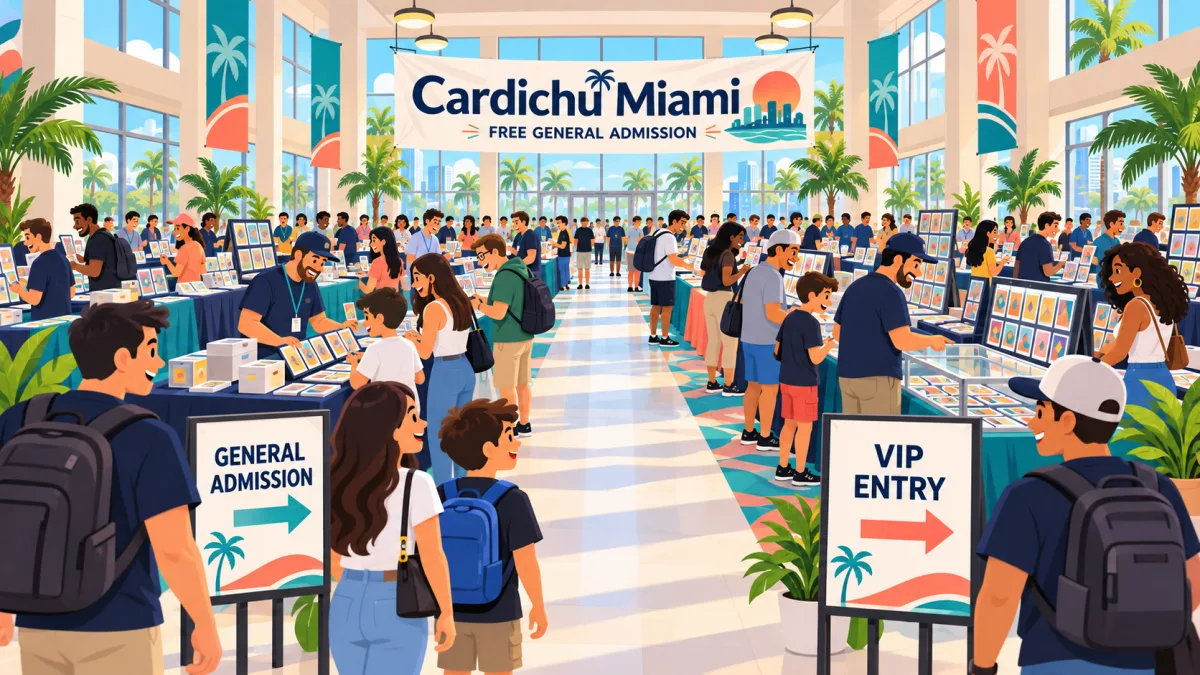 Collectors and families browse trading card tables in a bright university ballroom beneath a Cardichu Miami banner. General admission and VIP entrance signs stand beside the central aisle.