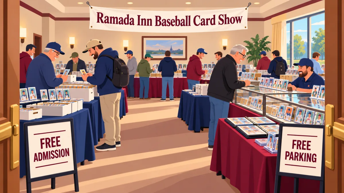 Collectors browse baseball card tables and display cases in a hotel meeting room beneath a Ramada Inn Baseball Card Show banner. Small signs advertise free admission and free parking.