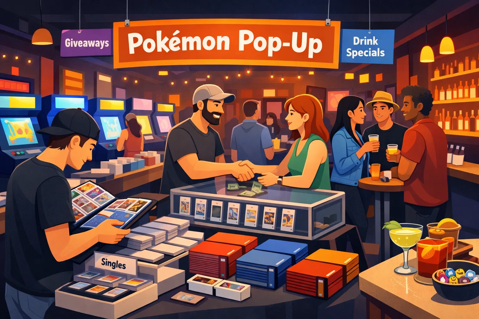 Vector-style hero image of the Pokémon Pop-Up in Austin, showing a lively arcade bar card event with vendor tables, display cases, Pokémon binders, graded cards, cocktails, and collectors browsing.