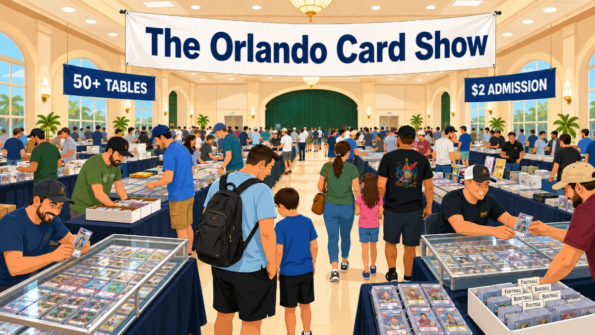 The Orlando Card Show fills a sunlit hall, rows of vendor tables with graded card slabs in glass cases as families browse football and basketball cards