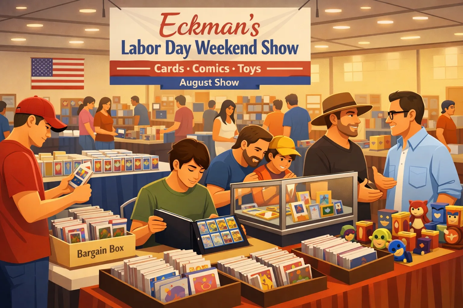Illustration of attendees browsing sports cards, Pokémon binders, comics, toys, and collectibles inside Eckman’s Labor Day Weekend Show in San Antonio, Texas, during the August 2027 card show.