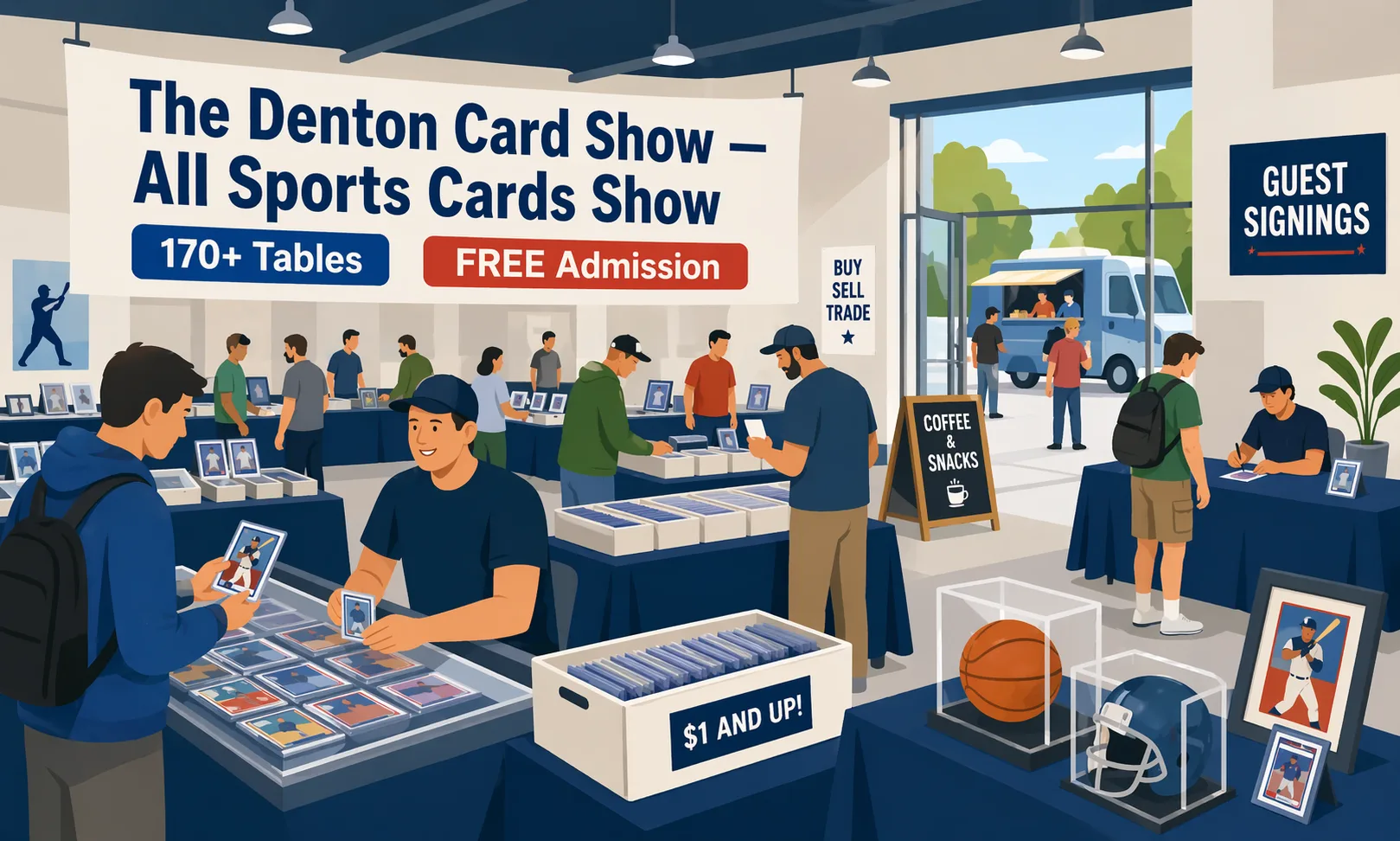 Illustration of The Denton Card Show in Corinth, Texas, showing a busy event hall with sports card vendors, display cases, autograph area, collectors browsing tables, and a lively local show atmosphere.