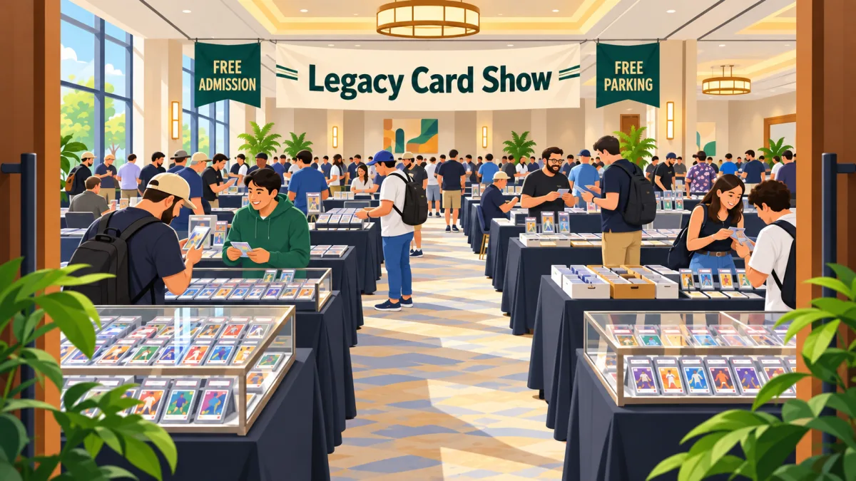 Illustration of collectors browsing card tables, display cases, binders, slabs, and bargain boxes inside a North Austin hotel meeting room beneath a Legacy Card Show banner with free admission and free parking callouts.