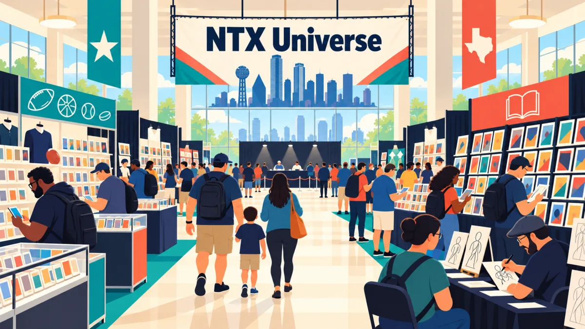 Collectors and families browse trading-card displays, comics and artist tables inside a spacious convention hall beneath an NTX Universe banner.