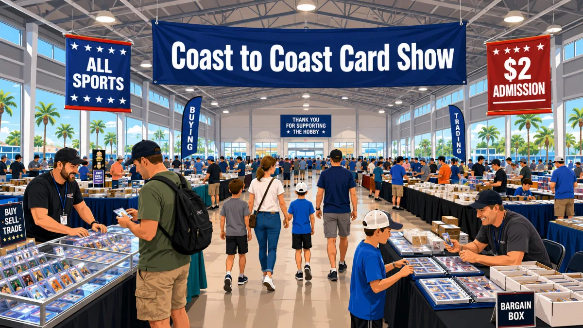 Coast to Coast Card Show at Volusia County Fairgrounds, DeLand, FL, busy convention hall with glass display cases, graded card racks, and browsing families