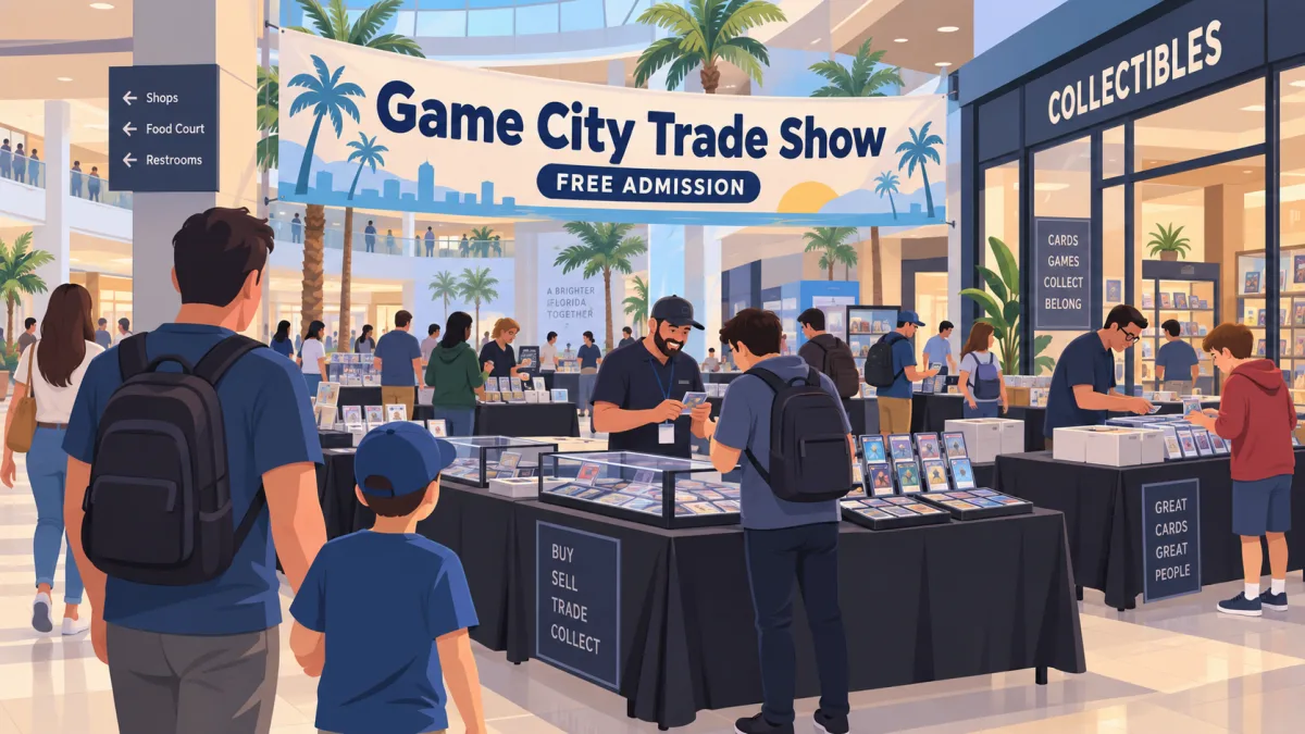 Illustration of collectors browsing a modest trading-card show inside a shopping mall beneath Game City Trade Show and Free Admission signs.