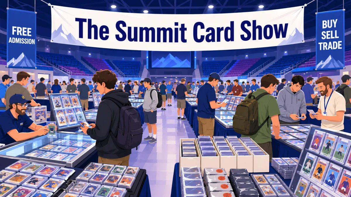 The Summit Card Show in a packed arena, collectors browsing glass cases of graded cards and rows of card boxes beneath a Free Admission banner.