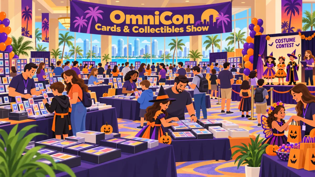 Families and collectors browse card and collectible tables in a ballroom decorated with pumpkins and orange and violet accents. Guests in costumes with uncovered faces gather near a costume contest area and a table of goodie bags.