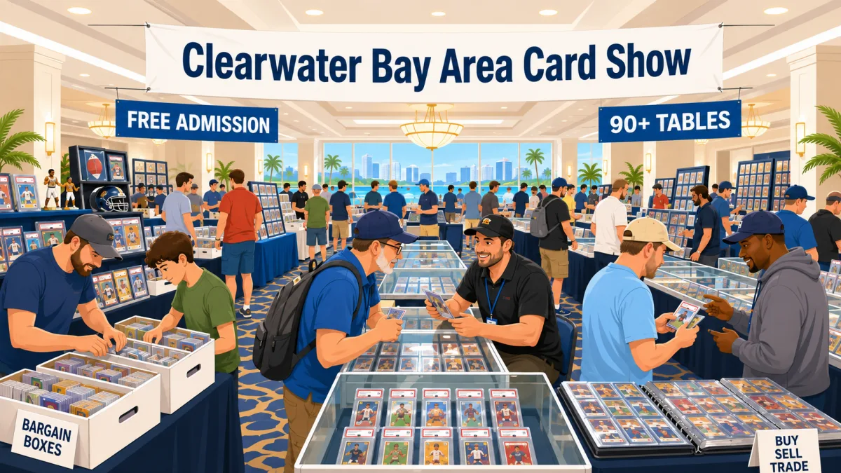 Clearwater Bay Area Card Show in a hotel ballroom, collectors browsing graded card slabs in glass display cases, bargain boxes, and vendor tables.