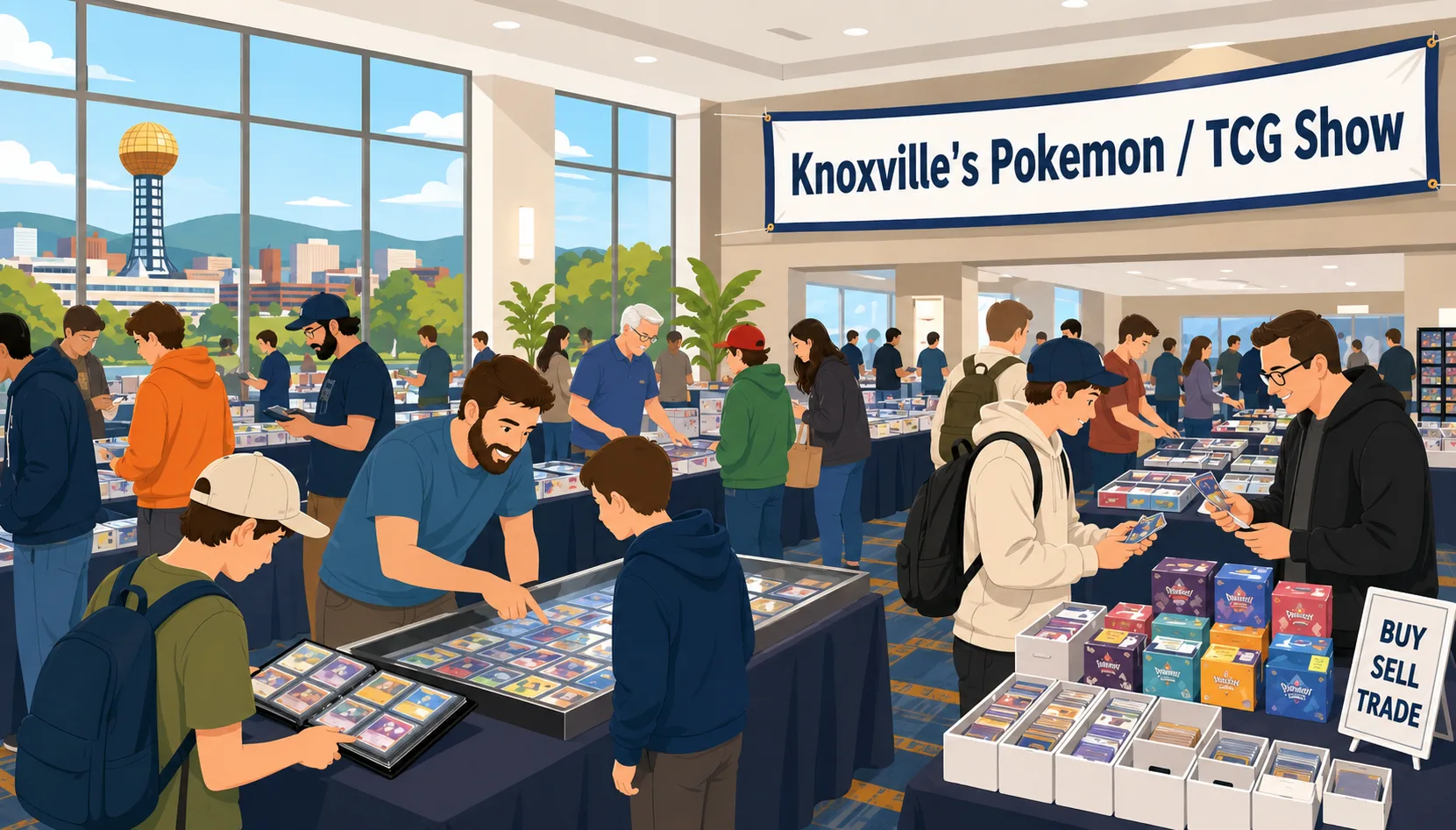 Knoxville's Pokemon / TCG Show with collectors at card display cases, booster box vendors and Buy/Sell/Trade booths, Sunsphere visible through windows