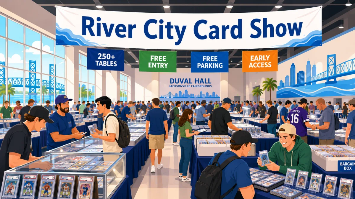 River City Card Show at Duval Hall, Jacksonville Fairgrounds, with collectors browsing 250+ tables of graded slabs and a bargain box section.
