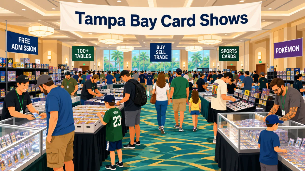 Tampa Bay Card Shows event in a crowded hotel ballroom with 100+ vendor tables, glass display cases of graded cards, and sports and Pokemon sections.