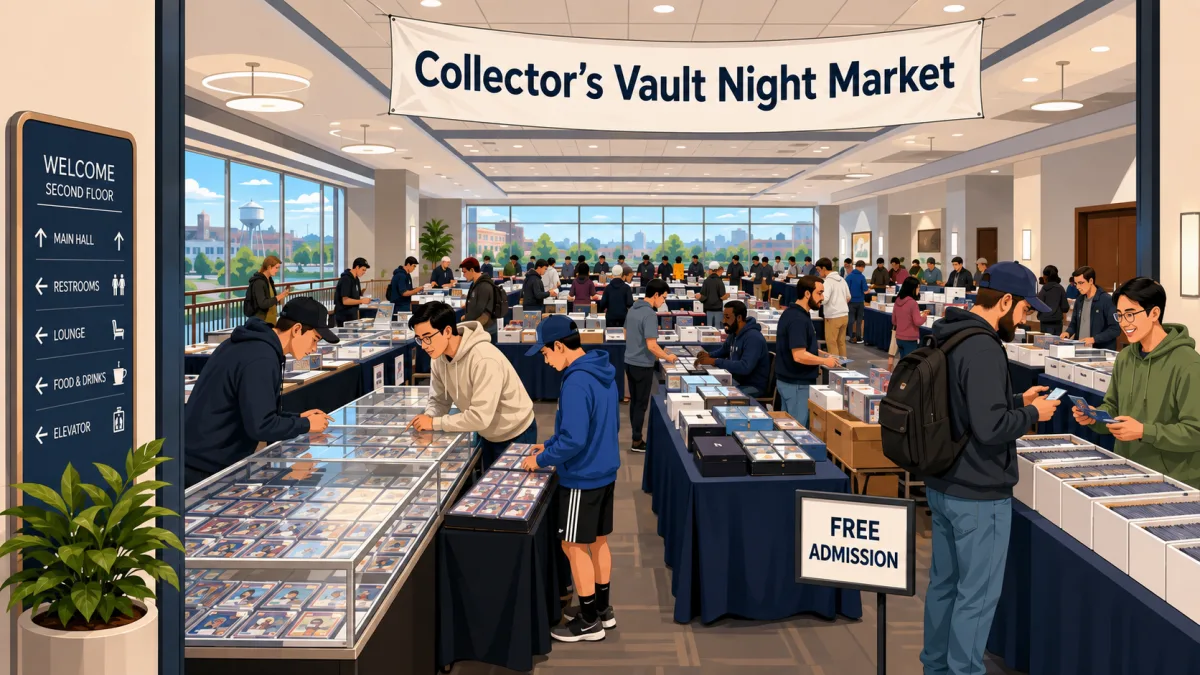 Illustration of collectors browsing card tables inside a Schaumburg event hall beneath a Collector's Vault Night Market banner and a free admission sign.