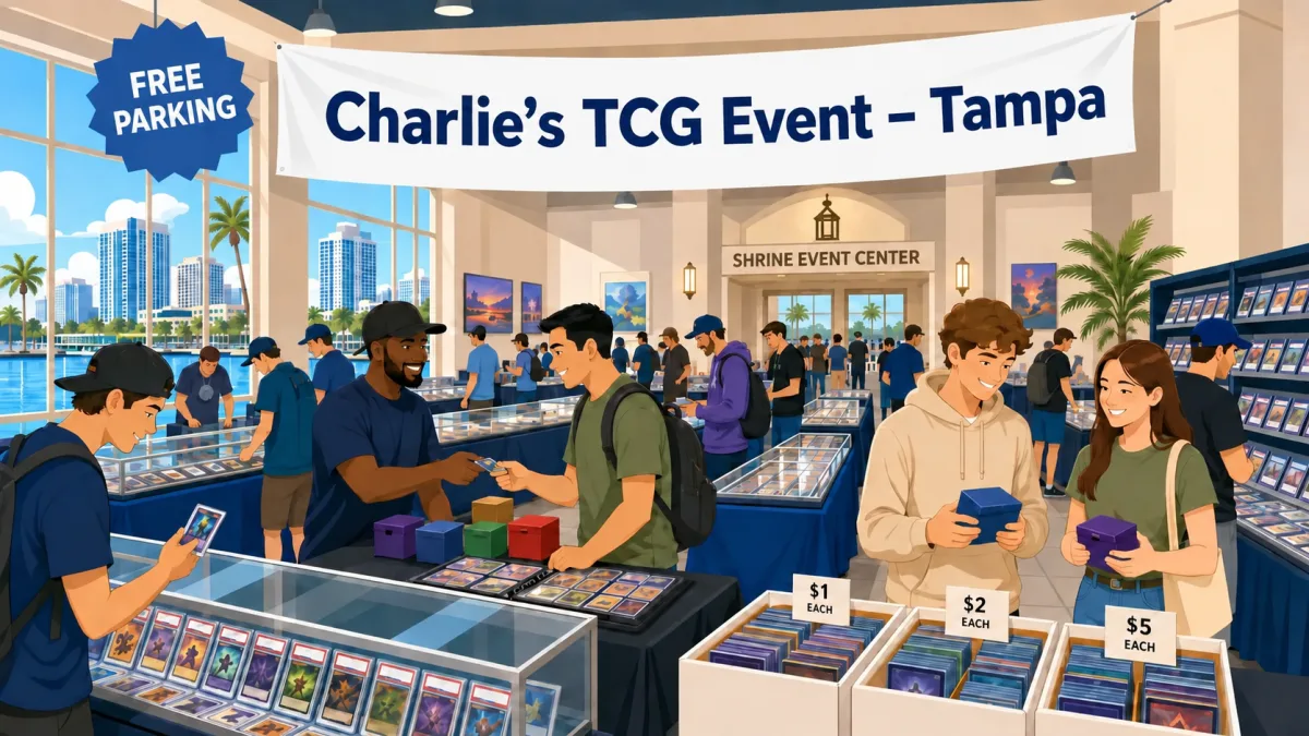 Charlie's TCG Event - Tampa at Shrine Event Center, with attendees browsing glass display cases of graded cards, $1–$5 bulk card boxes, and deck boxes.