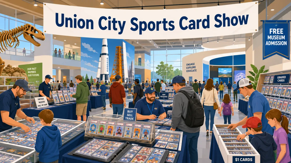 Union City Sports Card Show inside a science museum with a dinosaur skeleton and rocket displays, graded card tables and buy, sell, trade vendors