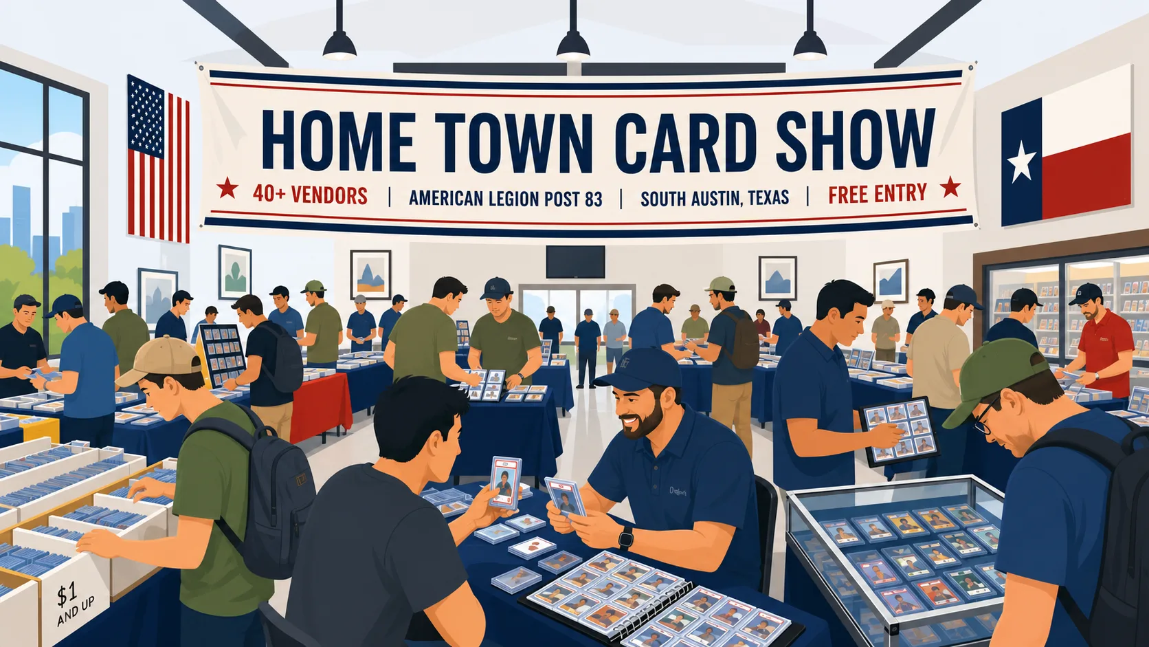 Home Town Card Show at American Legion Post 83 in South Austin, Texas, with collectors browsing 40+ vendor tables of graded cards and dollar bins.