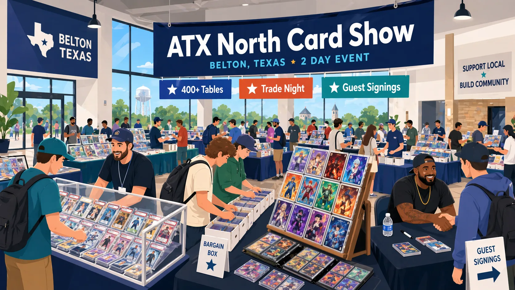 Collectors browse a busy expo-style ATX North Card Show floor in Belton, Texas, with vendor tables, sports card slabs, TCG binders, display cases, bargain boxes, and autograph guests in a large event hall.