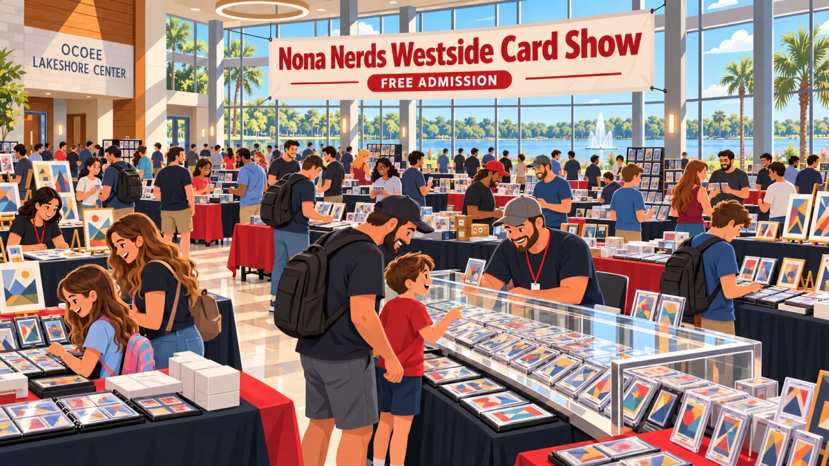 Collectors and families browse trading cards at vendor tables inside Ocoee Lakeshore Center beneath Nona Nerds Westside Card Show and free-admission banners.