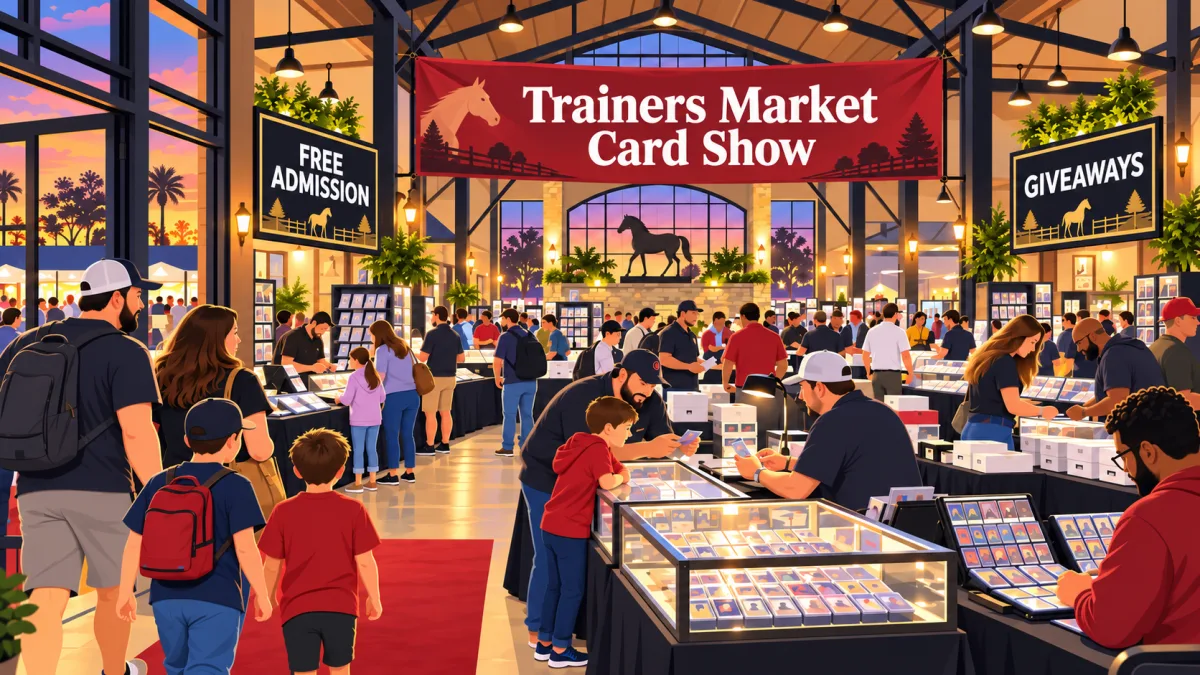 Illustration of collectors browsing trading-card tables inside an Ocala marketplace beneath a Trainers Market Card Show banner and free-admission sign.