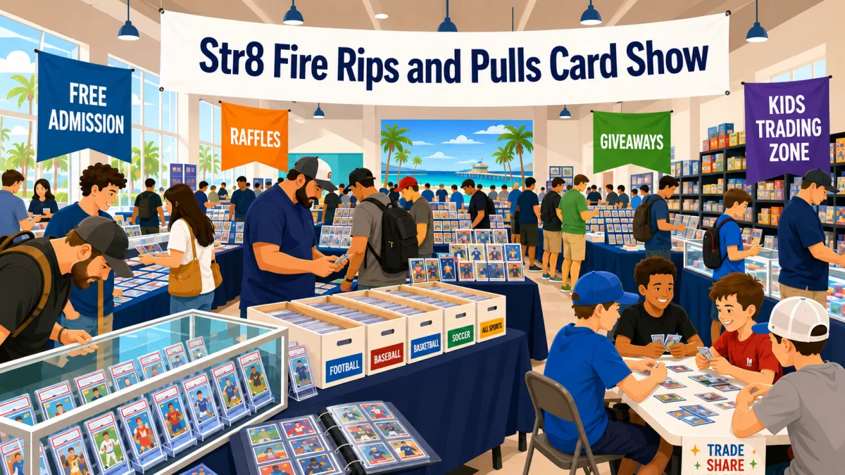 Str8 Fire Rips and Pulls Card Show with sport-sorted bargain boxes, glass graded card cases, and a busy kids trading zone under a beach mural.