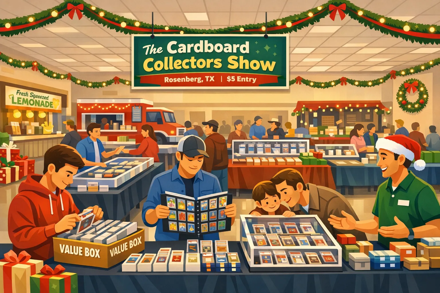 Illustration of The Cardboard Collectors Show in Rosenberg, Texas, in December 2026, with festive indoor vendor tables, sports cards, Pokémon binders, display cases, concession stands, and families browsing at Fort Bend County Fairgrounds.