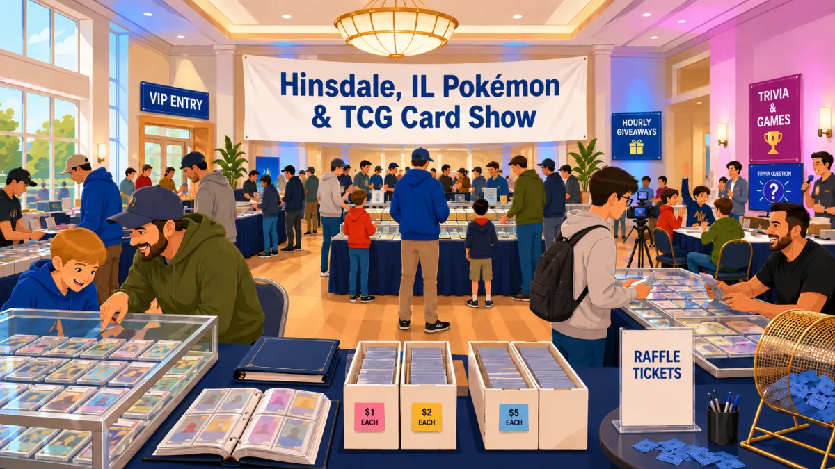 Provisional: Illustrated Hinsdale community hall card show with collectors browsing vendor tables beneath a Hinsdale, IL Pokémon & TCG Card Show banner.