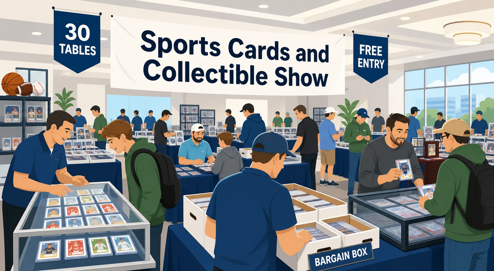 Sports Cards and Collectible Show in Springfield, IL — 30-table hotel ballroom event with glass display cases, graded card showcases, and bargain box bins.